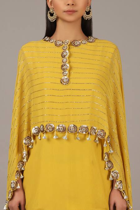 Shop_Nidhika Shekhar_Yellow Crepe Georgette Round Embroidered Kurta And Sharara Set _Online_at_Aza_Fashions