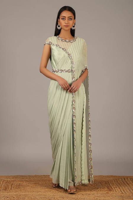 Nidhika Shekhar Green Crepe Round Embroidered Saree Gown With Cape
