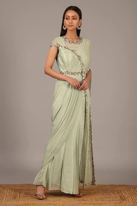 Nidhika Shekhar_Green Crepe, Georgette Round Embroidered Saree Gown With Cape _Online_at_Aza_Fashions