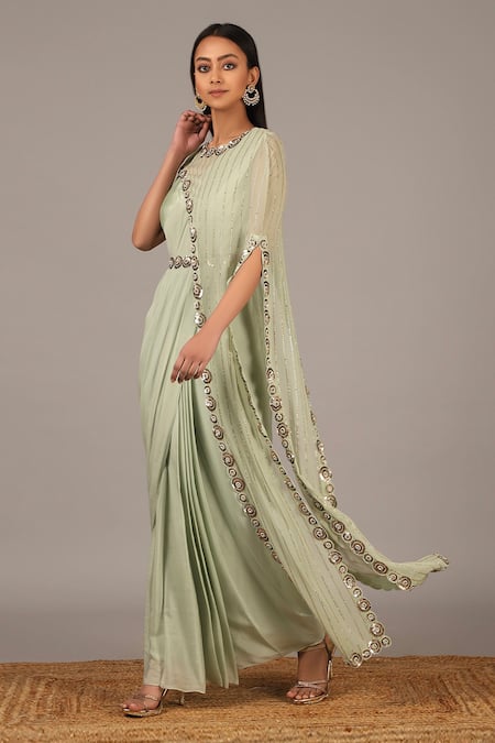 Buy_Nidhika Shekhar_Green Crepe, Georgette Round Embroidered Saree Gown With Cape _Online_at_Aza_Fashions