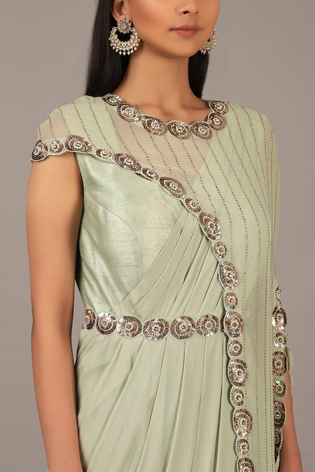 Shop_Nidhika Shekhar_Green Crepe, Georgette Round Embroidered Saree Gown With Cape _Online_at_Aza_Fashions