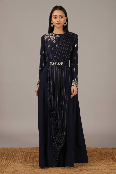 Nidhika Shekhar_Blue Georgette, Silk Crepe Round Draped Gown _Online_at_Aza_Fashions