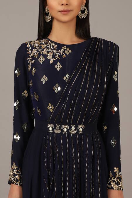 Buy_Nidhika Shekhar_Blue Georgette, Silk Crepe Round Draped Gown _Online_at_Aza_Fashions