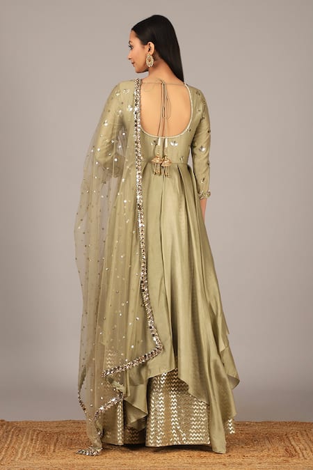 Shop NIDHIKA SHEKHAR Green Net, , Brocade Scoop Neck Kurta Lehenga Set at Aza Fashions Shop_NIDHIKA SHEKHAR_Green Net, , Brocade Scoop Neck Kurta Lehenga Set _at_Aza_Fashions