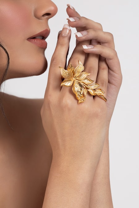 Opalina Soulful Jewellery Gold Plated Handcrafted Two-finger Floral Ring
