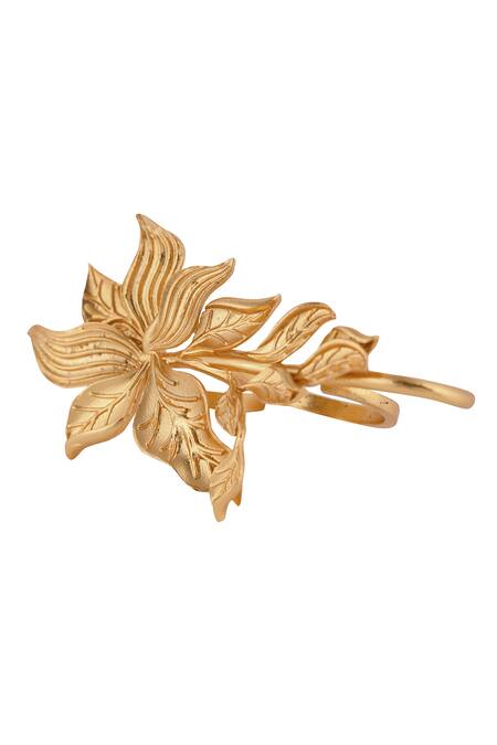 Opalina Soulful Jewellery_Gold Plated Handcrafted Two-finger Floral Ring _Online_at_Aza_Fashions