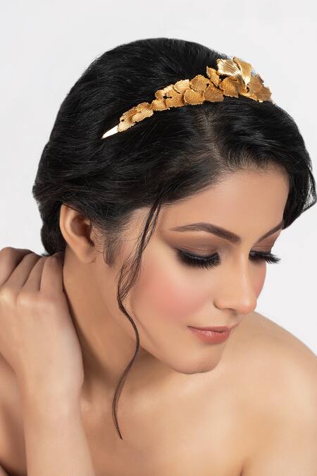 Opalina Soulful Jewellery_Gold Metallic Thread Matte 3d Carved Leaf Headband _Online_at_Aza_Fashions