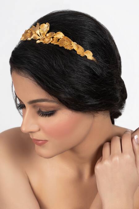 Buy_Opalina Soulful Jewellery_Gold Metallic Thread Matte 3d Carved Leaf Headband _Online_at_Aza_Fashions