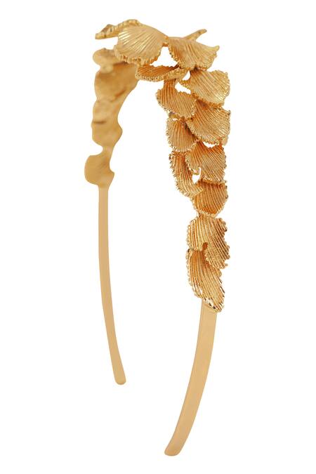 Shop_Opalina Soulful Jewellery_Gold Metallic Thread Matte 3d Carved Leaf Headband _Online_at_Aza_Fashions
