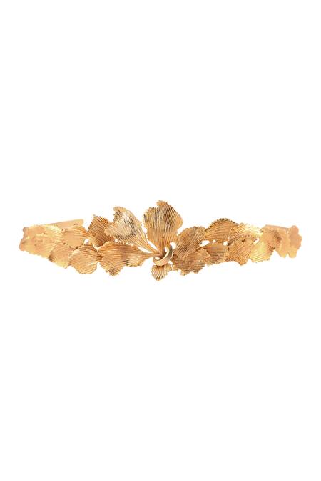 Opalina Soulful Jewellery_Gold Metallic Thread Matte 3d Carved Leaf Headband _at_Aza_Fashions