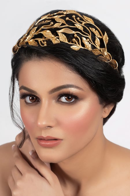 Opalina Soulful Jewellery Gold Embroidery Carved Leaf Design Headband 
