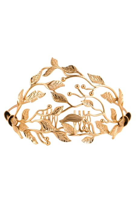Opalina Soulful Jewellery Gold Embroidery Carved Leaf Design Headband Online at Aza Fashions Opalina Soulful Jewellery_Gold Embroidery Carved Leaf Design Headband _Online_at_Aza_Fashions