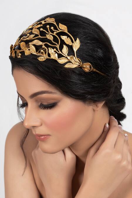 Buy Opalina Soulful Jewellery Gold Embroidery Carved Leaf Design Headband Online at Aza Fashions Buy_Opalina Soulful Jewellery_Gold Embroidery Carved Leaf Design Headband _Online_at_Aza_Fashions