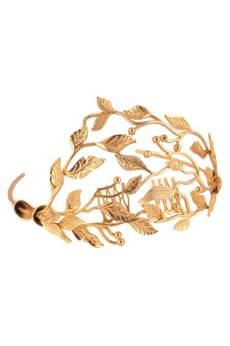 Shop_Opalina Soulful Jewellery_Gold Embroidery Carved Leaf Design Headband _Online_at_Aza_Fashions