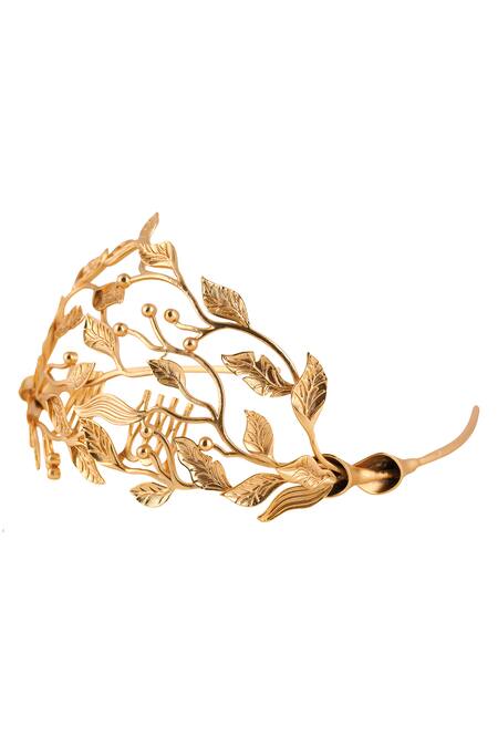 Opalina Soulful Jewellery_Gold Embroidery Carved Leaf Design Headband _at_Aza_Fashions