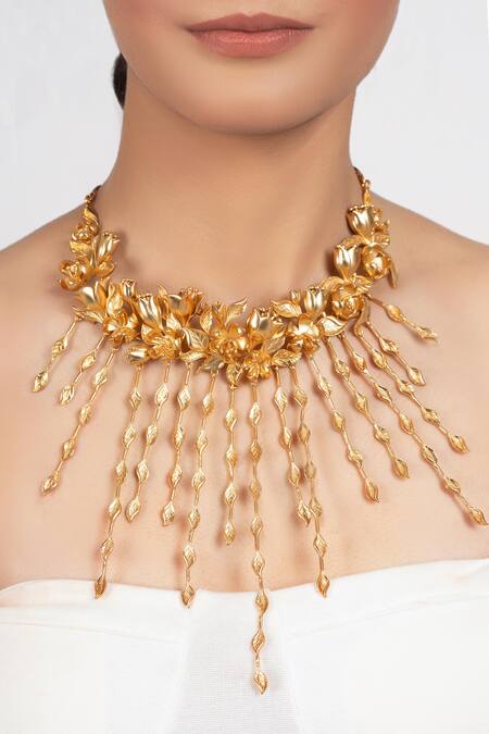 Opalina Soulful Jewellery_Gold Plated Handcrafted Floral Choker _at_Aza_Fashions