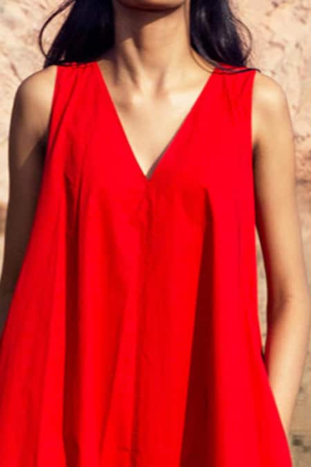 Women Red Zari Embroidered A-Line Dress
