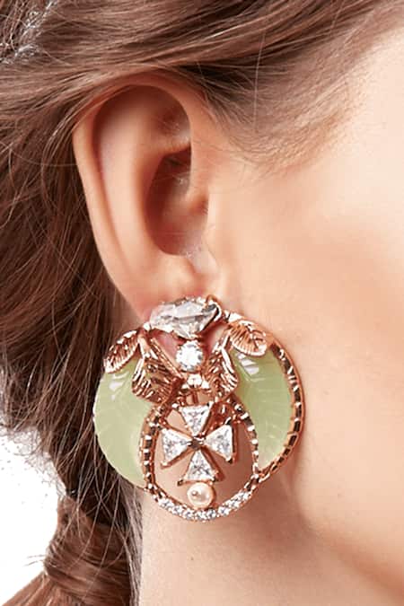 Outhouse Gold Plated Stones, Crystals Jade Tusk Stud Earrings 