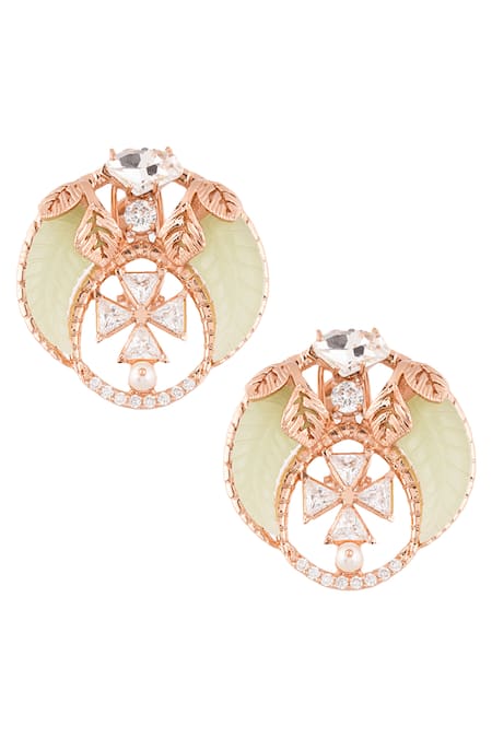 Shop Outhouse Gold Plated Stones, Crystals Jade Tusk Stud Earrings at Aza Fashions Shop_Outhouse_Gold Plated Stones, Crystals Jade Tusk Stud Earrings _at_Aza_Fashions