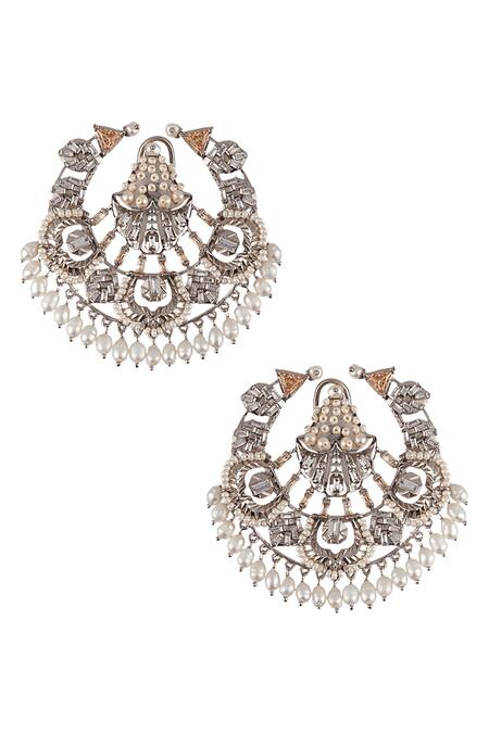 Shop Outhouse Silver Plated Crystals, Stones, Beads Clair De Lune Noir Chandbalis at Aza Fashions Shop_Outhouse_Silver Plated Crystals, Stones, Beads Clair De Lune Noir Chandbalis_at_Aza_Fashions