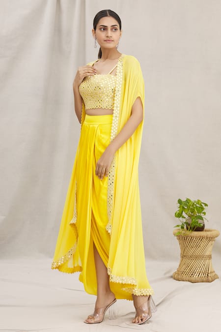 Kresha Lulla Yellow Embellished Top And Dhoti Skirt Set