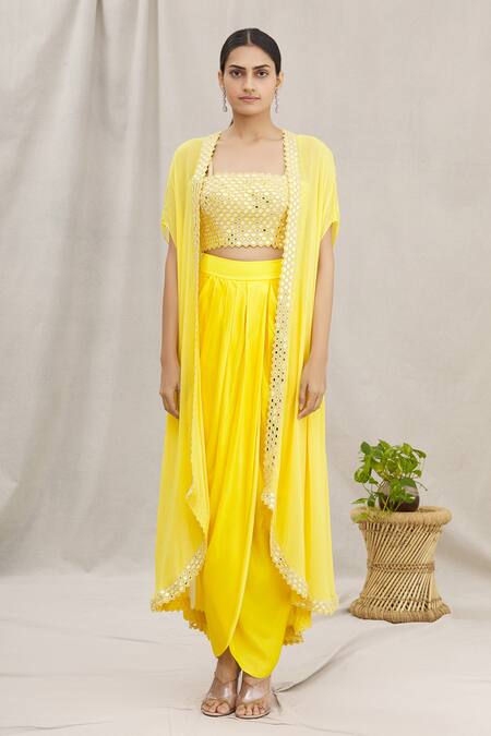 Buy_Kresha Lulla_Yellow Embellished Top And Dhoti Skirt Set_Online_at_Aza_Fashions