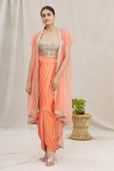 Kresha Lulla Orange Embellished Top And Dhoti Skirt Set