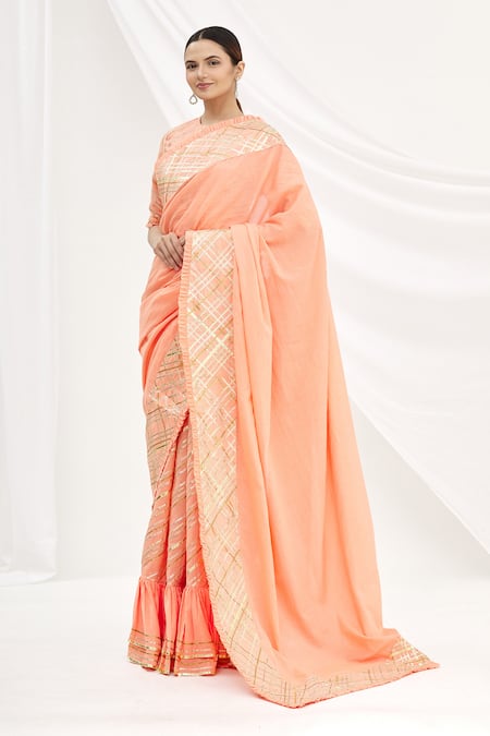 Buy_Shagun Manchanda_Peach Soft Natural Cotton Mul Gota Embroidered Saree  _Online_at_Aza_Fashions