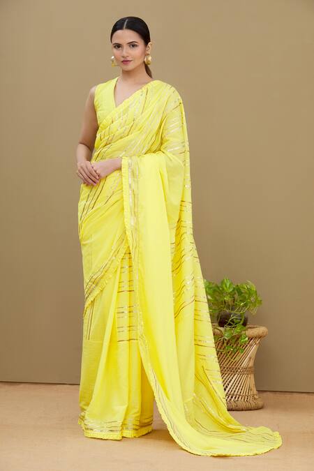 Buy_Shagun Manchanda_Yellow Soft Natural Cotton Mul Gota Embroidered Saree  _Online_at_Aza_Fashions