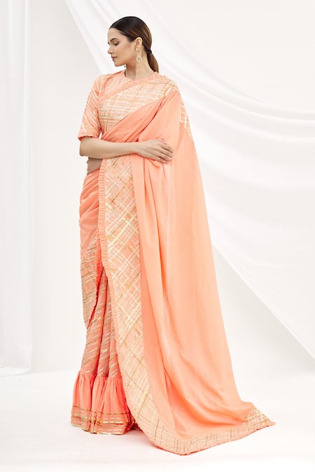 Shop_Shagun Manchanda_Peach Soft Natural Cotton Mul Gota Embroidered Saree  _Online_at_Aza_Fashions