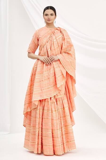 Buy_Shagun Manchanda_Peach Soft Natural Cotton Mul Gota Embroidered Saree _Online_at_Aza_Fashions