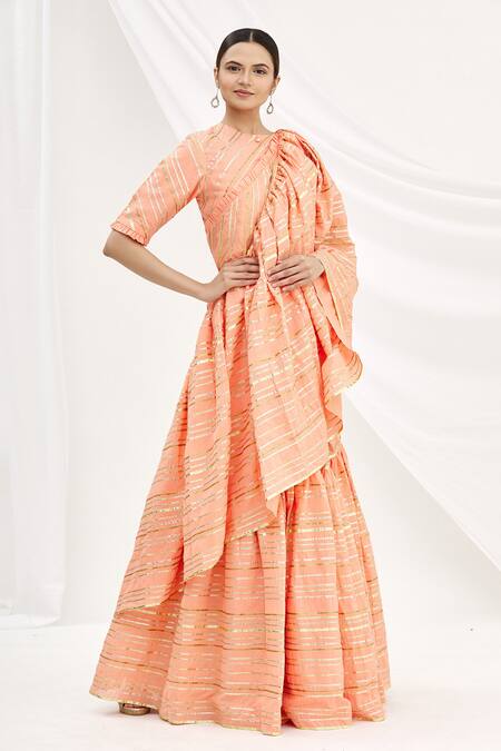 Shagun Manchanda_Peach Soft Natural Cotton Mul Gota Embroidered Saree _Online_at_Aza_Fashions