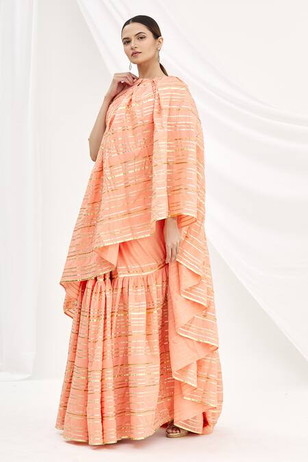 Shop_Shagun Manchanda_Peach Soft Natural Cotton Mul Gota Embroidered Saree _Online_at_Aza_Fashions