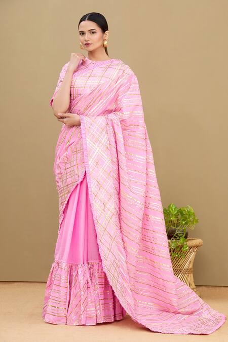 Shagun Manchanda_Pink Soft Natural Cotton Mul Gota Embroidered Saree  _Online_at_Aza_Fashions