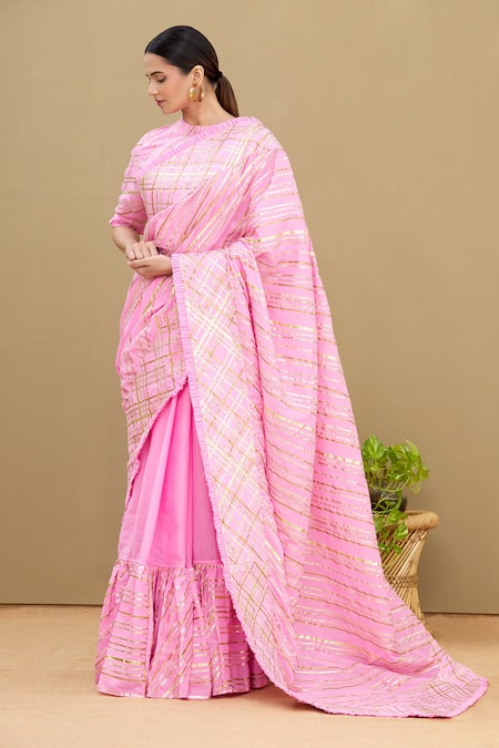 Buy_Shagun Manchanda_Pink Soft Natural Cotton Mul Gota Embroidered Saree  _Online_at_Aza_Fashions