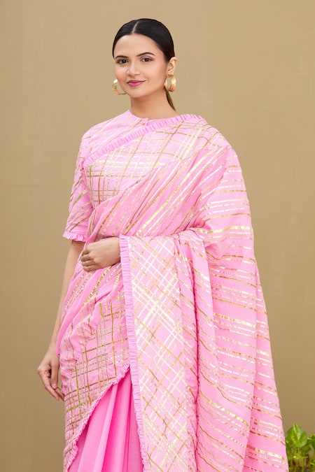 Shop_Shagun Manchanda_Pink Soft Natural Cotton Mul Gota Embroidered Saree  _Online_at_Aza_Fashions