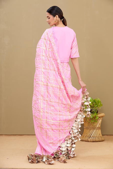 Shop_Shagun Manchanda_Pink Soft Natural Cotton Mul Gota Embroidered Saree  _at_Aza_Fashions