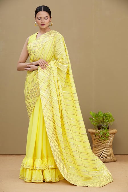 Buy_Shagun Manchanda_Yellow Soft Natural Cotton Mul Gota Embroidered Saree  _Online_at_Aza_Fashions
