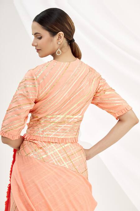 Shop_Shagun Manchanda_Peach Soft Natural Cotton Mul Embroidery Round Gota Blouse_at_Aza_Fashions