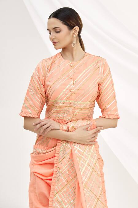 Shagun Manchanda_Peach Soft Natural Cotton Mul Embroidery Round Gota Blouse_Online_at_Aza_Fashions