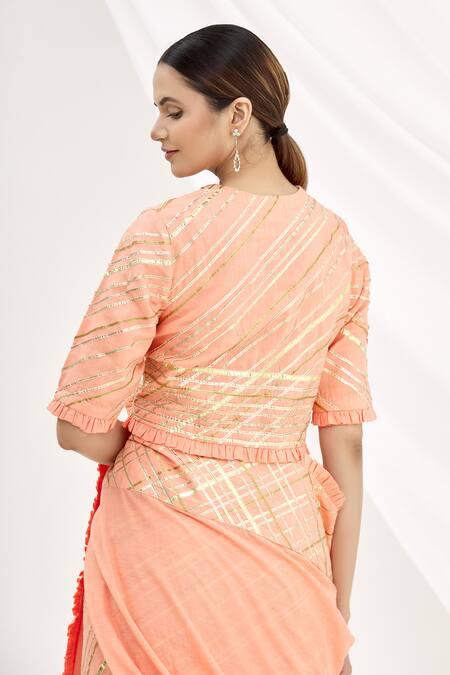Buy_Shagun Manchanda_Peach Soft Natural Cotton Mul Embroidery Round Gota Blouse_Online_at_Aza_Fashions