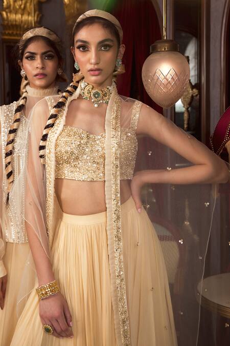 Label Sanya Gulati_Beige Georgette Sweetheart Neck Embroidered Cape And Pleated Lehenga Set_Online_at_Aza_Fashions
