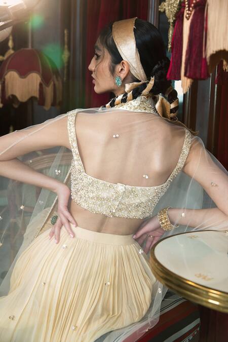 Buy_Label Sanya Gulati_Beige Georgette Sweetheart Neck Embroidered Cape And Pleated Lehenga Set_Online_at_Aza_Fashions