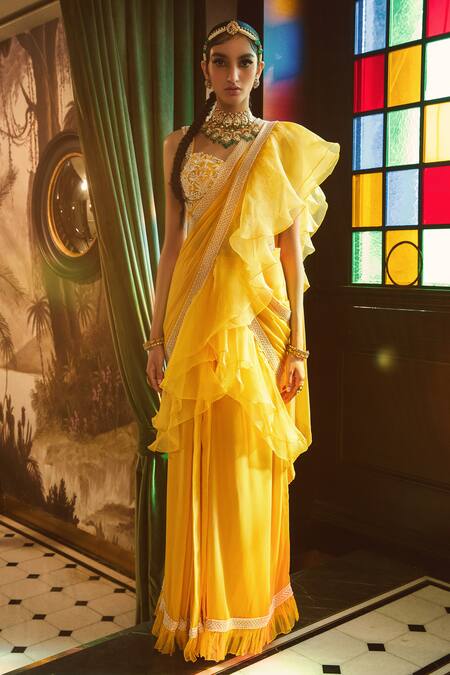 Label Sanya Gulati_Yellow Organza, Georgette Sweetheart Neck Pre-draped Ruffle Saree Set _Online_at_Aza_Fashions