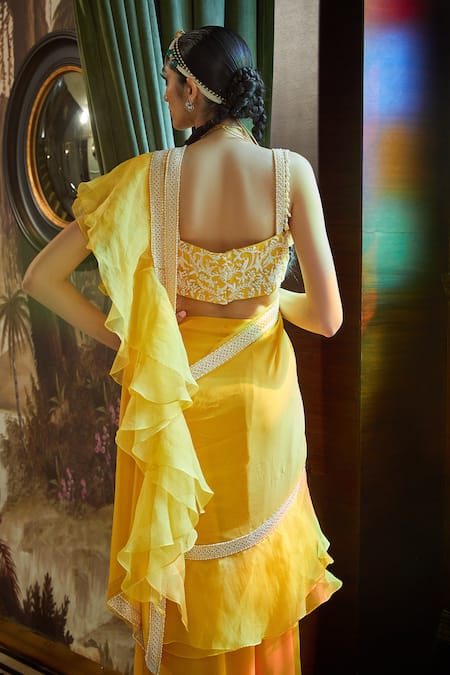 Shop_Label Sanya Gulati_Yellow Organza, Georgette Sweetheart Neck Pre-draped Ruffle Saree Set _at_Aza_Fashions