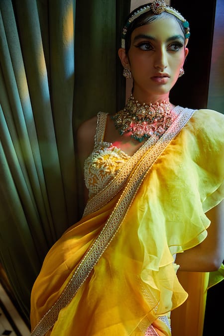 Label Sanya Gulati_Yellow Organza, Georgette Sweetheart Neck Pre-draped Ruffle Saree Set _at_Aza_Fashions