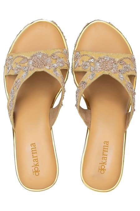 Shop Kkarma Accessories Gold Embroidery Arth Floral Platform Wedges at Aza Fashions Shop_Kkarma Accessories_Gold Embroidery Arth Floral Platform Wedges _at_Aza_Fashions