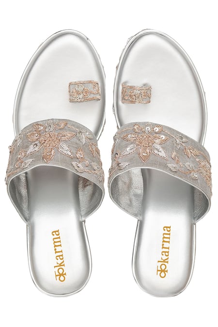 Shop Kkarma Accessories Gray Embroidery Grey Platform Wedges at Aza Fashions Shop_Kkarma Accessories_Gray Embroidery Grey Platform Wedges _at_Aza_Fashions