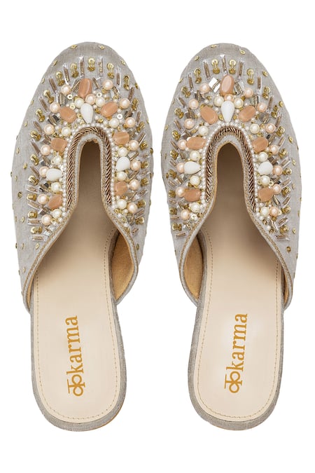 Shop Kkarma Accessories Grey Embroidery Riwaayat Block Heel Mules at Aza Fashions Shop_Kkarma Accessories_Grey Embroidery Riwaayat Block Heel Mules _at_Aza_Fashions
