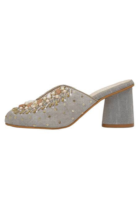 Buy Kkarma Accessories Grey Embroidery Riwaayat Block Heel Mules Online at Aza Fashions Buy_Kkarma Accessories_Grey Embroidery Riwaayat Block Heel Mules _Online_at_Aza_Fashions